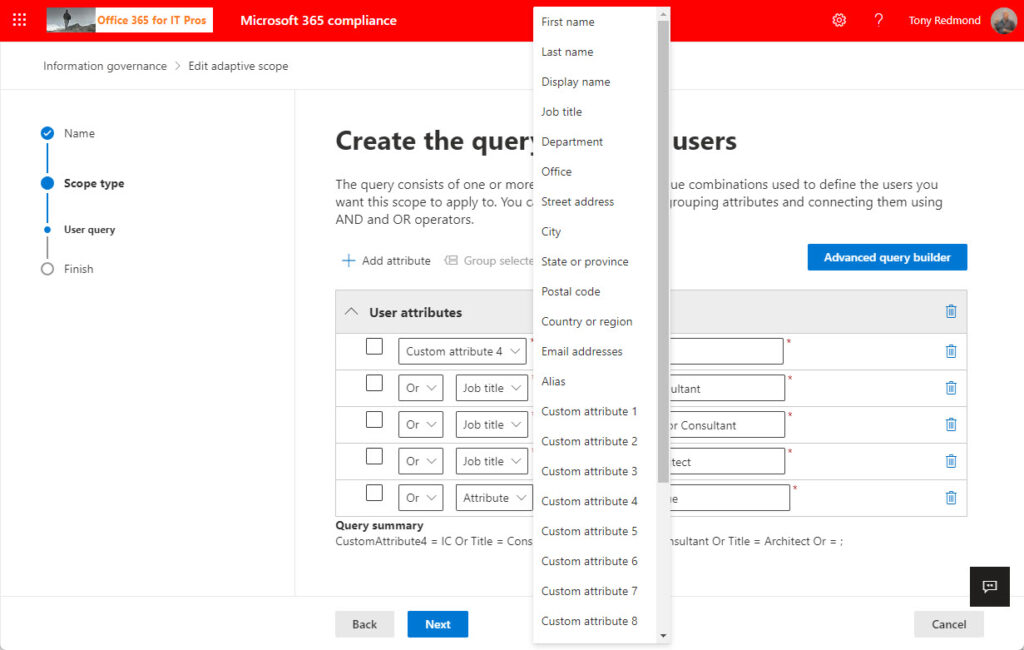 Creating a user adaptive scope to find Azure AD accounts