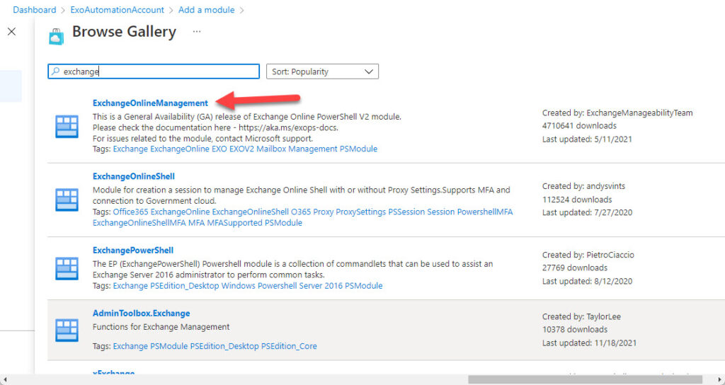 Selecting the Exchange Online management module from the Azure Automation gallery