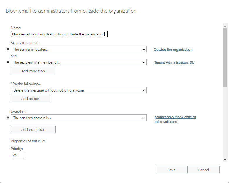 The rule to block and drop external messages sent to administrator mailboxes