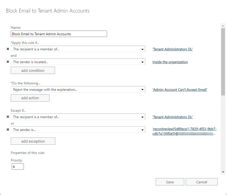 The transport rule to block internal email to administrator mailboxes