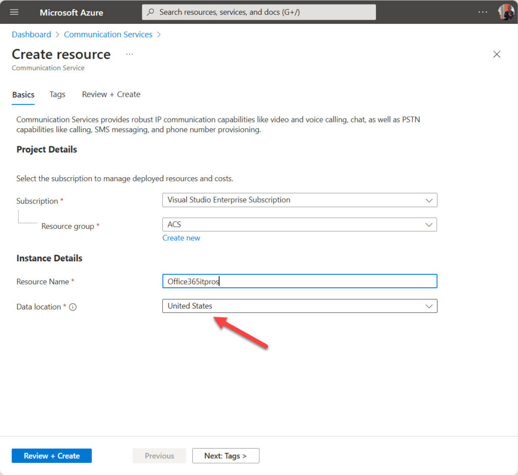 Creating the Azure Communications resource.