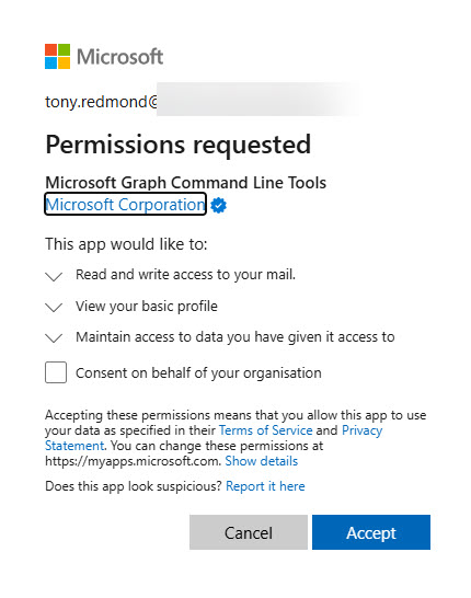 The Microsoft Graph Command Line Tools app requests consent for the Entra PowerShell module