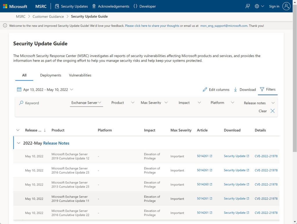 Vulnerabilities fixed in the Exchange Server May 2022 Security Updates