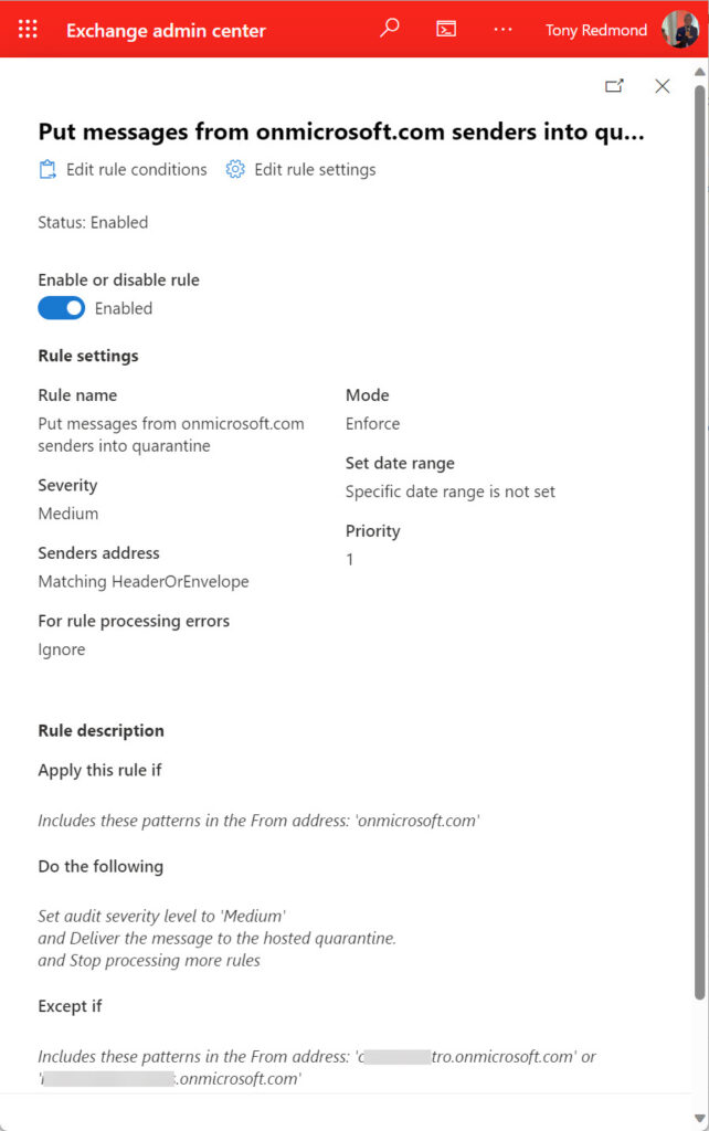 Mail flow rule to redirect messages from onmicrosoft.com domains to the quarantine.