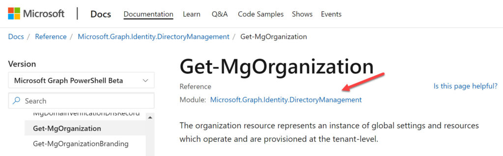 Figuring out the module for the Get-MgOrganization cmdlet