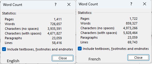 Word count statistics for a source English and target French document