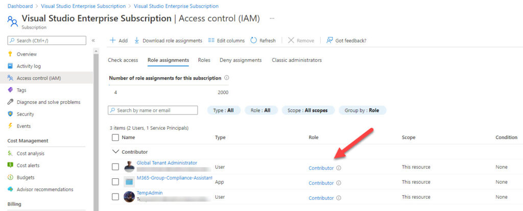 Azure subscription role assignments