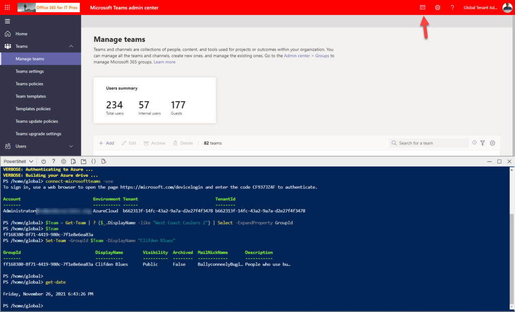 Running PowerShell in a Cloud Shell session from the Teams admin center