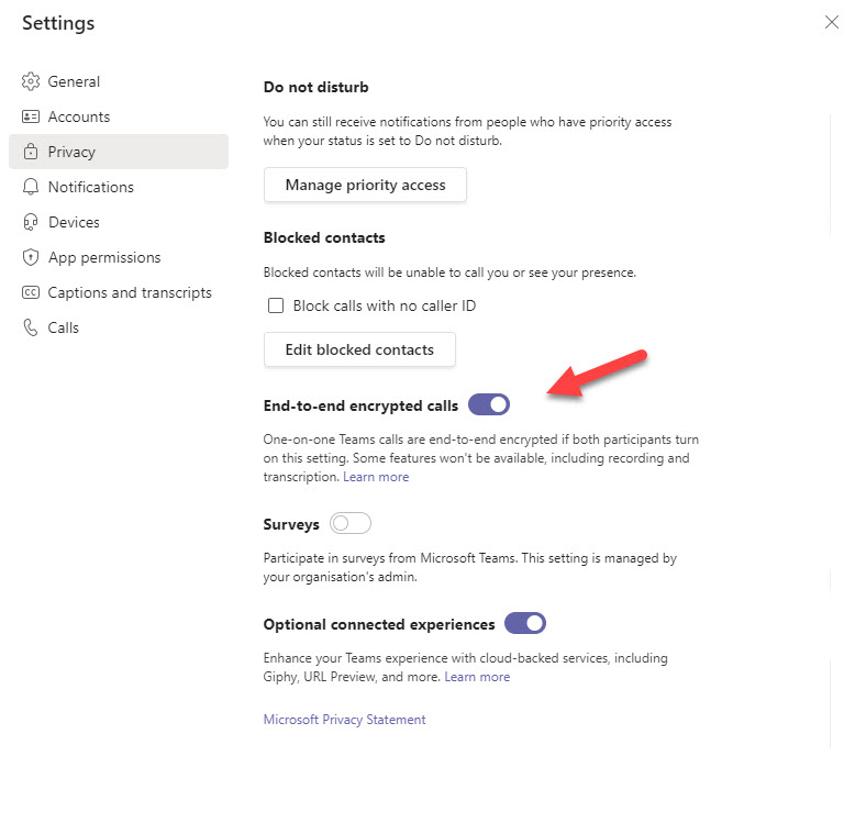 Enabling end to end encrypted calls in the Privacy section of Teams settings