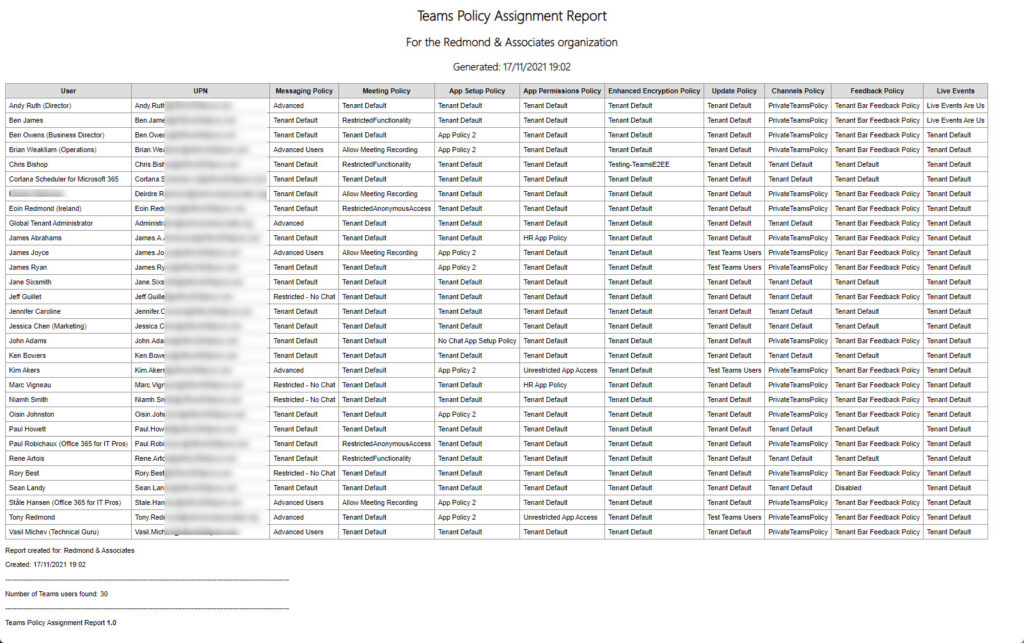 Reporting the Teams policy assignments for users