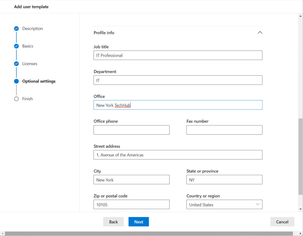 Creating a new Microsoft 365 user template with prepopulated account settings
Azure AD account creation