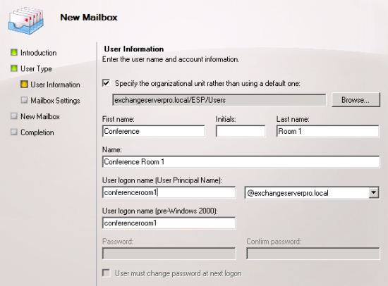 Enter User Information for the New Room Mailbox