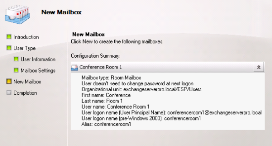 Complete the New Room Mailbox Wizard