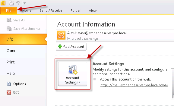 Outlook 2010 Account Settings for Exchange Server 2010 Outlook Anywhere