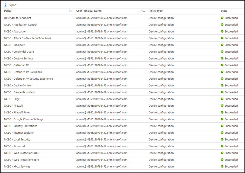 Summary of NCSC policies assigned to a Windows 10 device