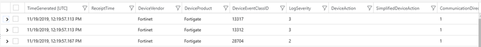 Figure 2: CommonSecurityLog table holding CEF data.