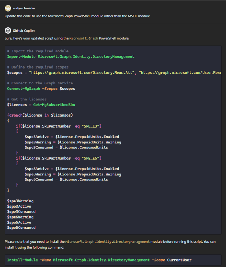 Using GitHub Copilot to Upgrade PowerShell Scripts to the Microsoft Graph PowerShell SDK